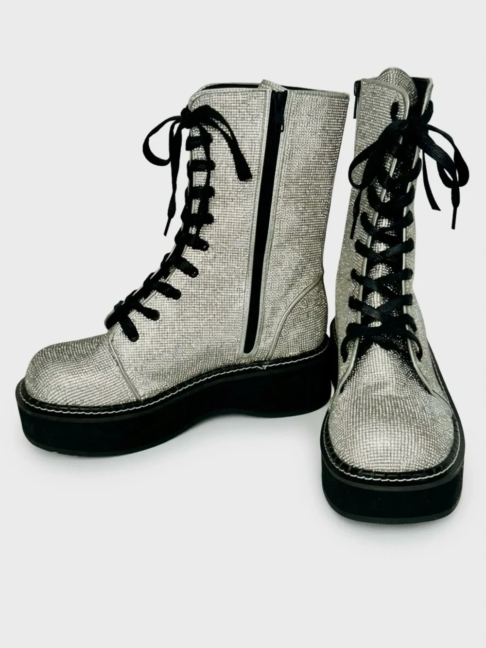 Demonia Emily-362 Silver Rhinestone Platform Combat Boots